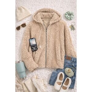 Collection B Women Faux Fur Shaggy Hoodie Large Beige Zip Up Jacket Boho Cozy